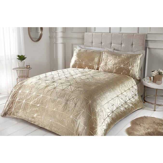 Sleepdown Foil Printed Geo Crushed Gold Velvet Luxury Duvet Set