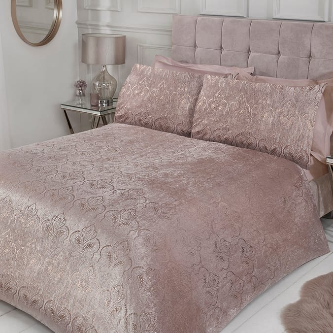 Sleepdown Foil Printed Paisley Crushed Velvet Bedding Blush Pink Luxury Duvet Set, beddings