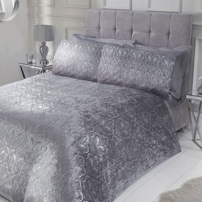 Sleepdown Foil Printed Paisley Crushed Velvet Bedding Silver Luxury