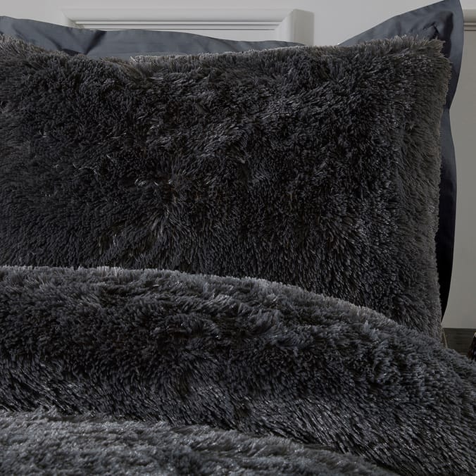 Sleepdown Luxury Long Pile Faux Fur Charcoal Duvet Set Bedding Duvets