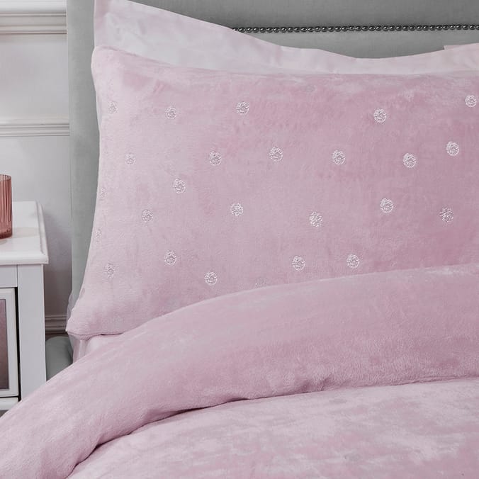Sleepdown Polka Dot Blush Foil Fleece Bedding Reversible Duvet Set