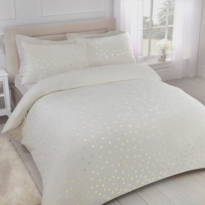 Sleepdown Polka Dot Ivory Foil Fleece Bedding - Reversible Duvet Cover Set