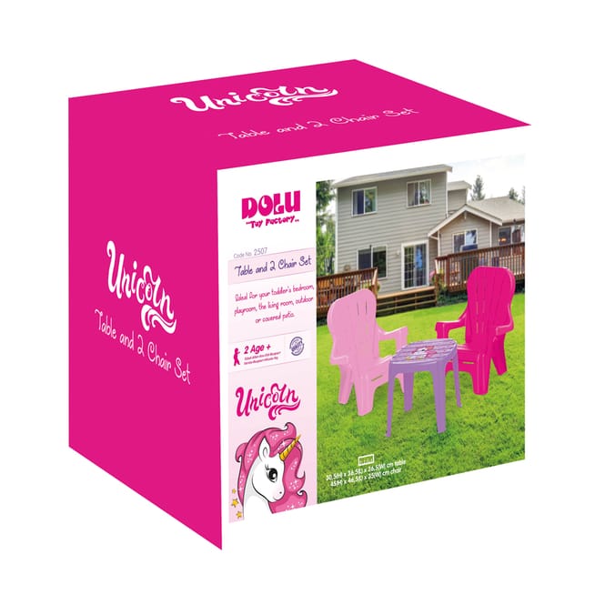 Dolu Unicorn Table 2 Chairs Set outdoor furniture kids childrens children s pink purple pastel role play tea party two and 08690089025036 garden Home Bargains