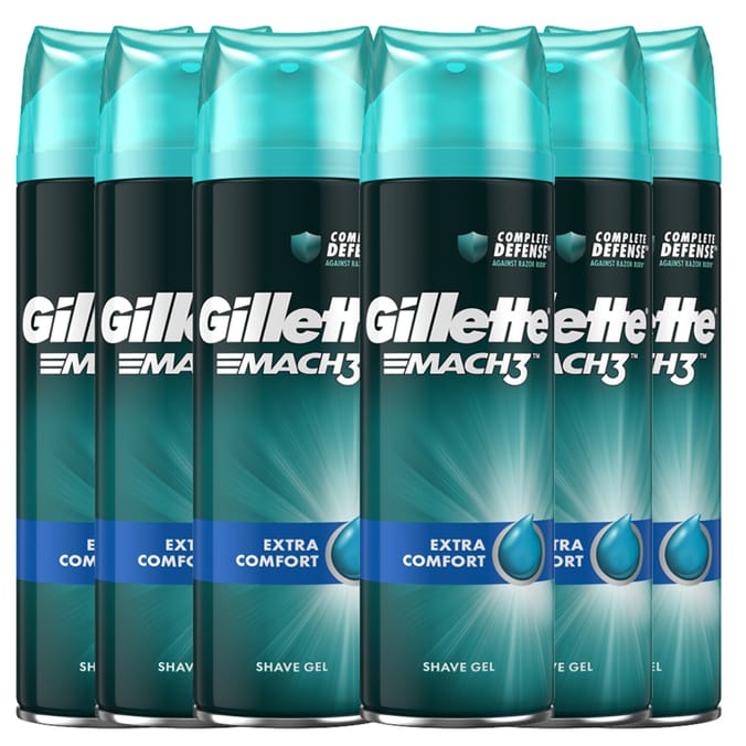 Gillette Mach3 Extra Comfort Men's Shaving Gel (6 x 200ml), Razor, Health, Skincare, Shaving