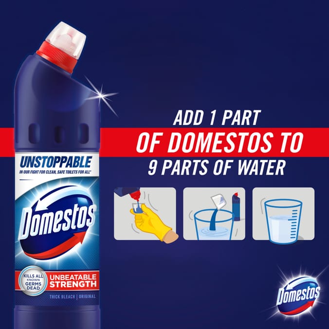 Domestos Original Thick Bleach 6 x 750 ml, Bottles of Bleach, Bleach,  toileting cleaning, How to clean your toilet, Toilet Products, Toilet  Cleaning Products, Domestos Bleach, Toilet Bleach Bathroom Cleaning  Products