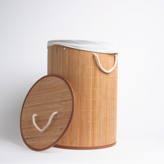 Home Collections: Round Bamboo Laundry Basket With Lid - Brown