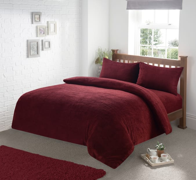 Snuggle Up Fleece Teddy Duvet Set Mulberry Red Home Bargains