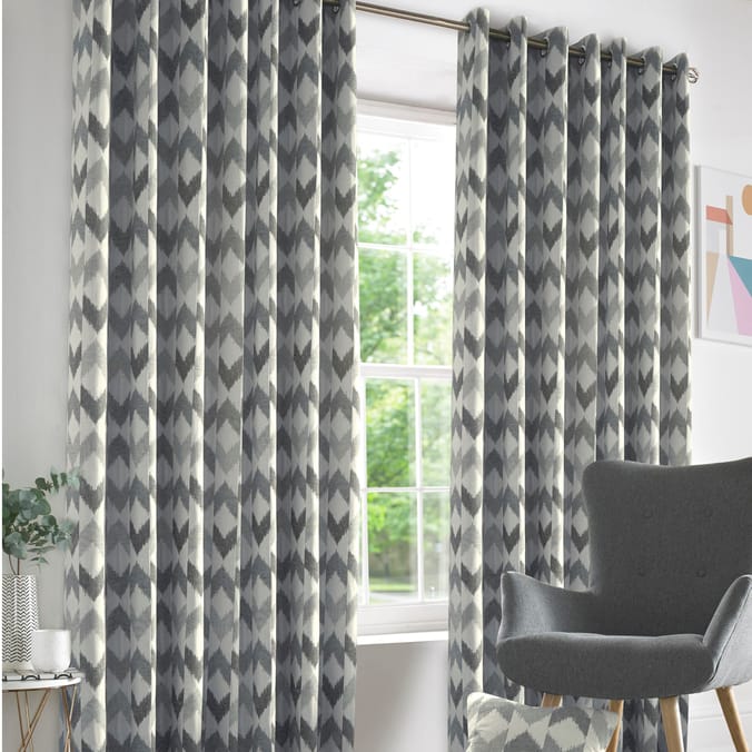 Alan Symonds Chevron Ring Top Fully Lined Curtains Silver, pair, of