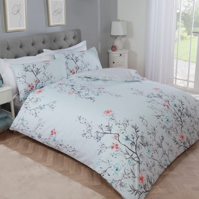 Sleepdown Oriental Floral Reversible Duvet Set Duck Egg Patterned