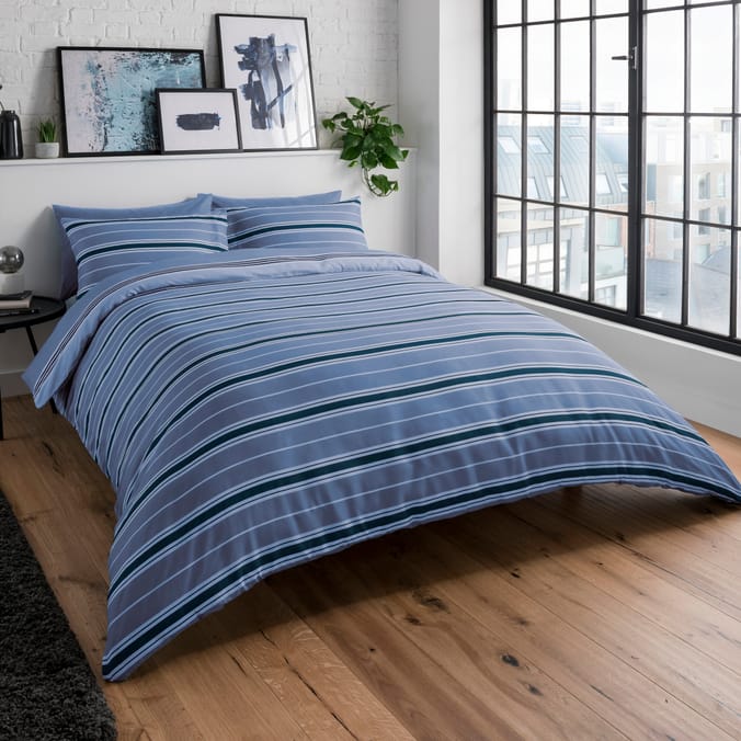 Sleepdown Banded Stripe Navy Bedding Reversible Duvet Set, patterned ...