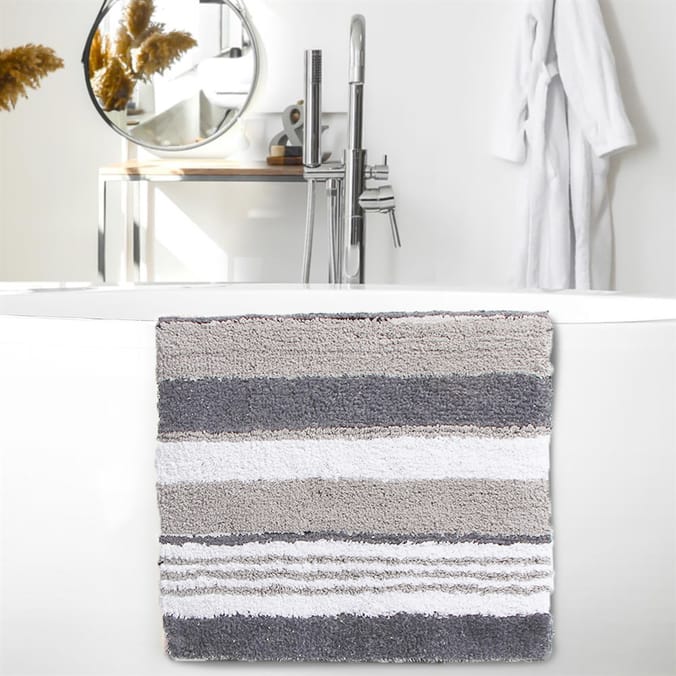 Bathroom Stripe Bath Mat Grey, bathroom, shower, bathing, microfibre