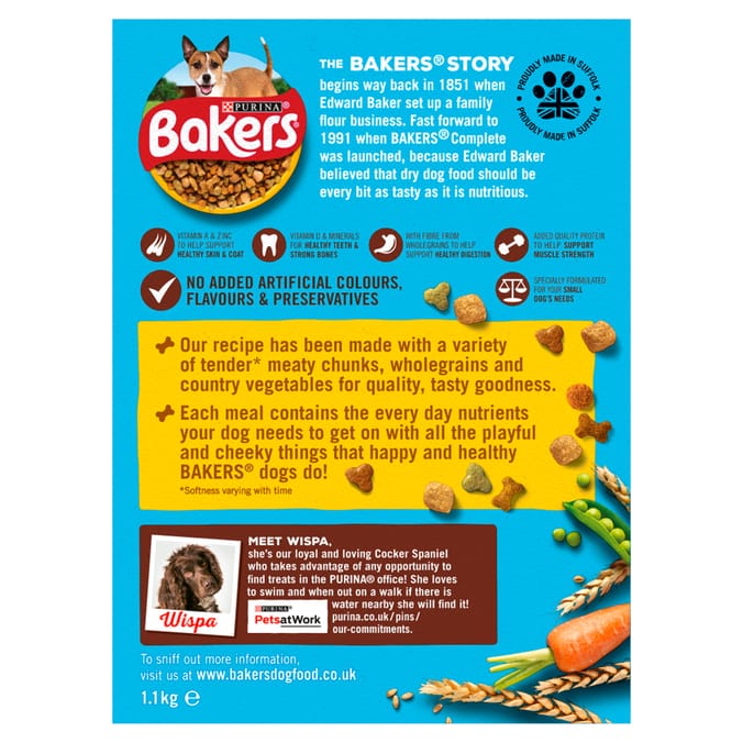 Bakers Small Dog Chicken with Vegs Dry Dog Food (2 x 1.1kg) Home Bargains