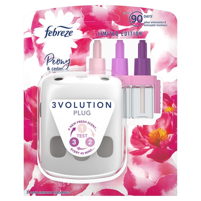 Febreze 3Volution Air Freshener Plug-In Starter Kit Peony & Cedar 20ml, air  fresheners scents home fragrances, plugins, plug ins, sockets, and flowers  floral, threevolution, 3-volution 3 Alternating Scents To Clean Away Odours