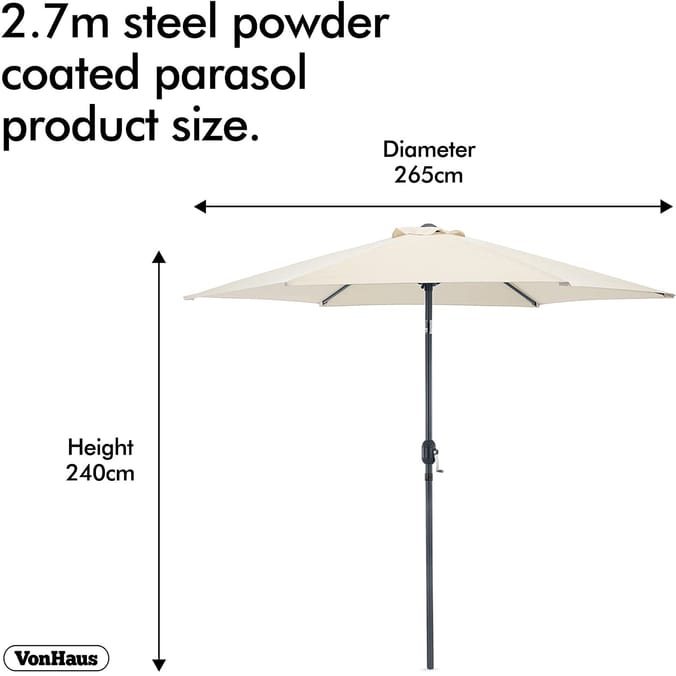 VonHaus 2.7M Steel Powder Coated UV30+ Crank & Tilt Parasol: Ivory/Cream