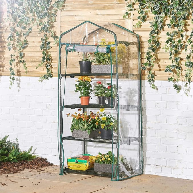 VonHaus 4 Tier Mini Plastic PVC Greenhouse, outdoor plants garden green