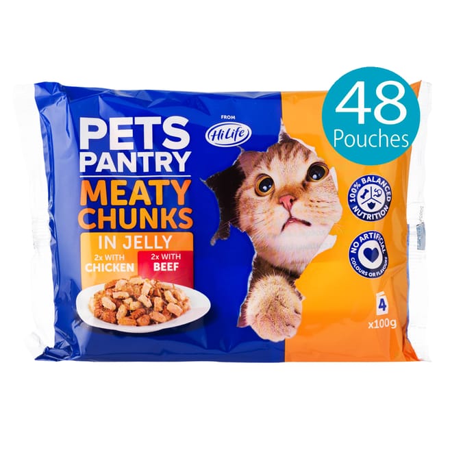 48 Hi Life Pets Pantry Meaty Chunks in Jelly Pouches Chicken Beef Home Bargains