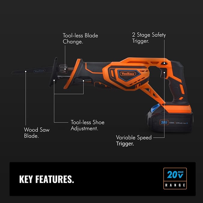 VonHaus Cordless Reciprocating Saw with 3.0Ah Li-ion 20V MAX Battery