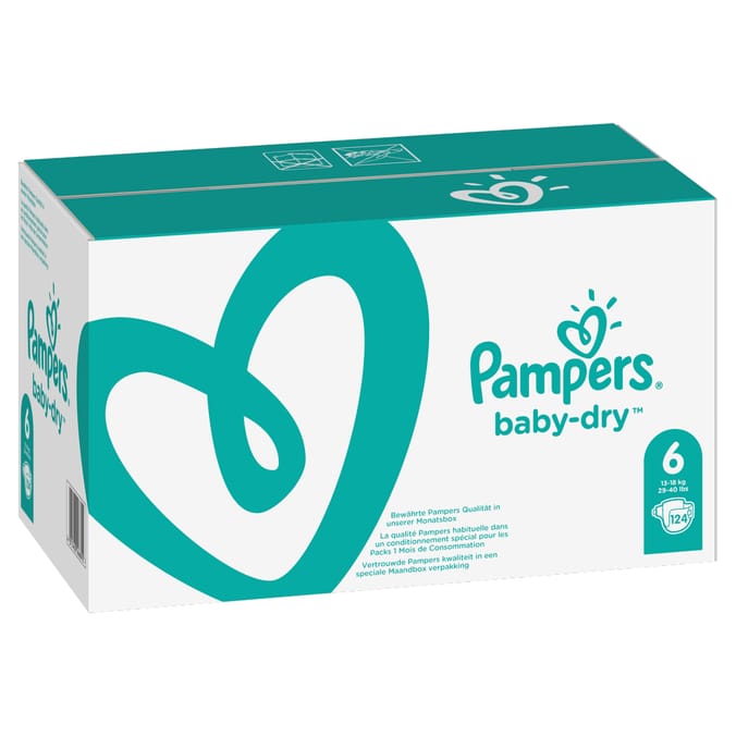 Pampers BabyDry Nappies Monthly Pack Size 6 (124 Nappies), nappy