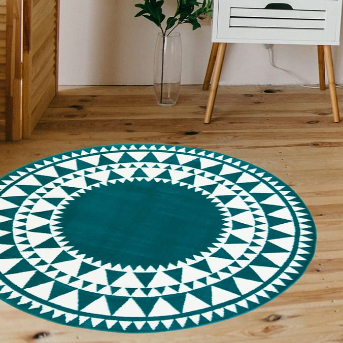 Aztec Circle Rug Teal, rugs, patterned blue green, round, 133 x 133cm