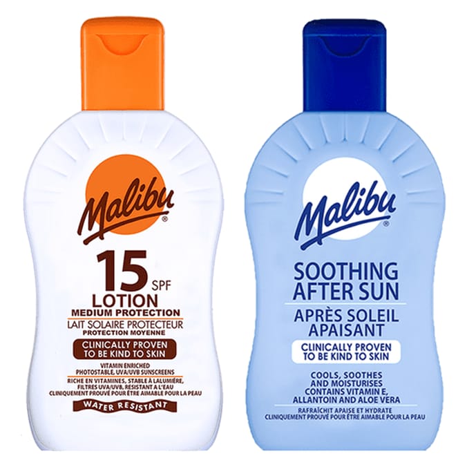 Malibu Sun Lotion 200ml SPF 15 & Soothing After Sun 200ml Set sun tan holiday sun lotion