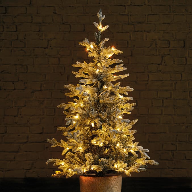Festive Feeling 4ft PreLit Flocked Potted Tree, 120cm, snow, powdered