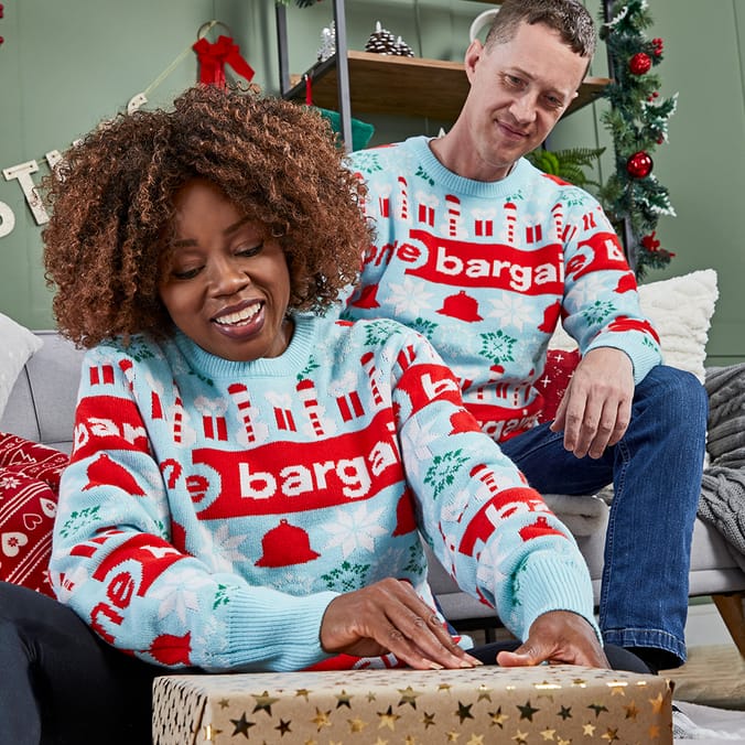 Home Bargains Christmas Adult Jumper mens men s womens women s tacky xmas jumpers HB superfan red blue snowflake snowmen design supermarket discount store 1011489611114895 12114894 13114893 14114892 p...