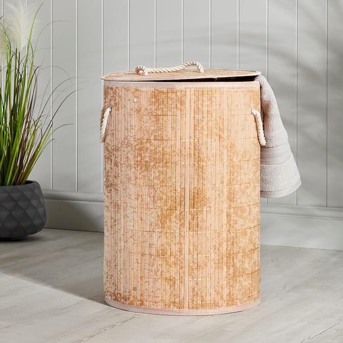 Home Collections Round Bamboo Laundry Basket With Lid Beige, hamper