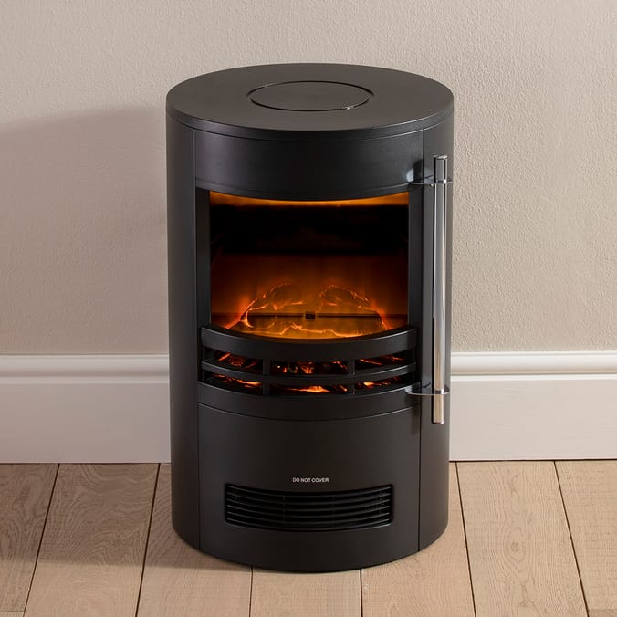 Daewoo: Contemporary Round Log Effect Stove - Black | Home Bargains