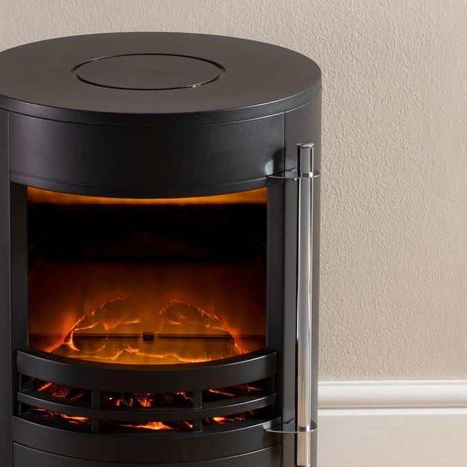 Daewoo: Contemporary Round Log Effect Stove - Black | Home Bargains