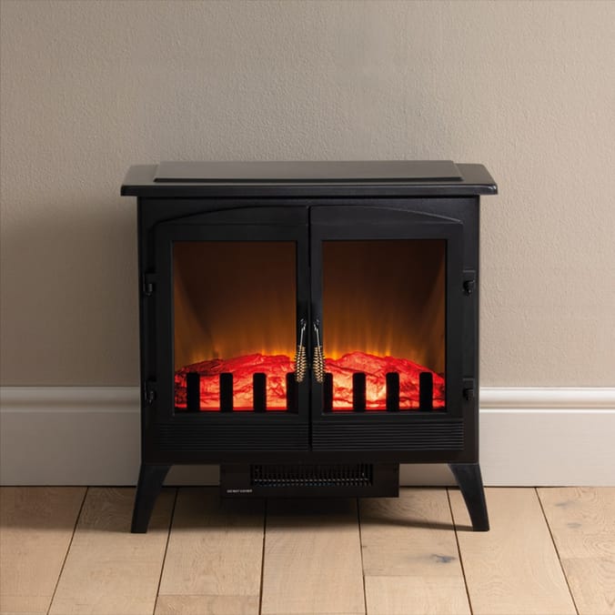 Daewoo: 3 Sided Glass Double Door Stove - Black | Home Bargains
