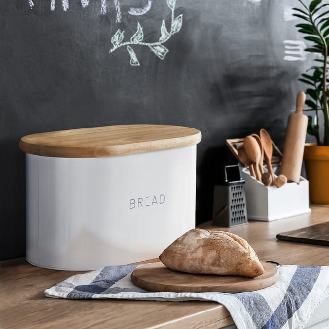 Home Collections Bread Tin With Wooden Lid White, bin, tins, bins, container, store, Home