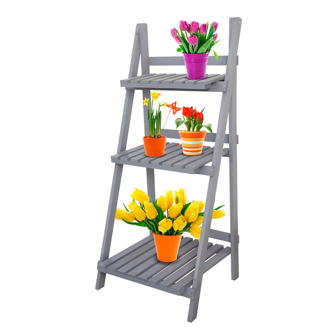 Jardin 3 Tier Wooden Ladder Planter Stand Grey, Wooden Ladder