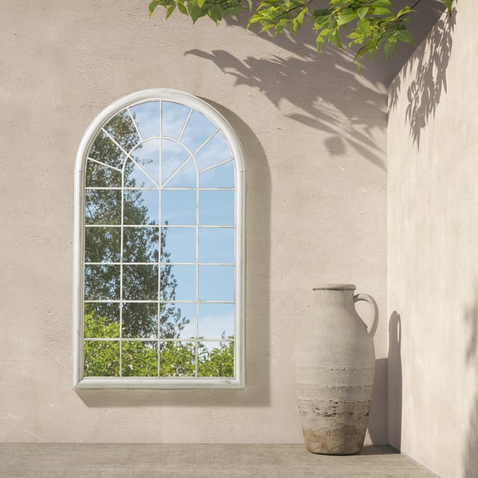 The Outdoor Living Collection Oversized Metal Arch Mirror 1.34m Distressed White Home Bargains