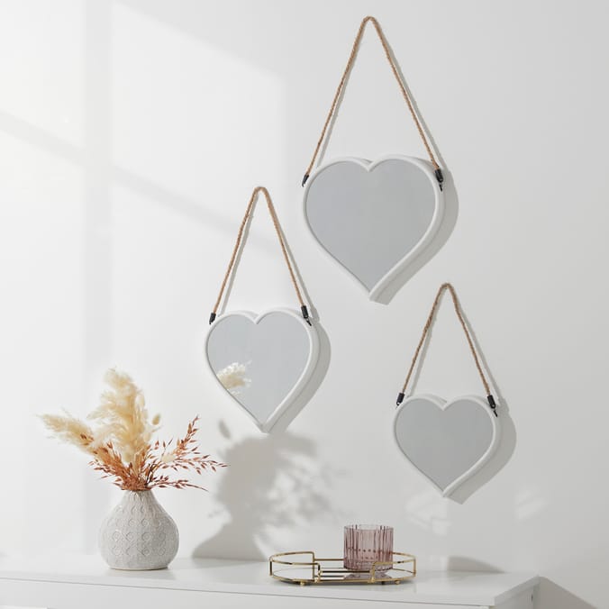 Home Collections Rope Hanging Heart Mirrors (Set of 3) White, Home