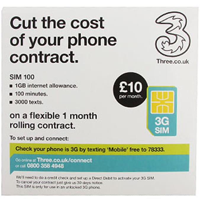 Three Mobile 1 Month Rolling Contract 3G Sim Card Home Bargains