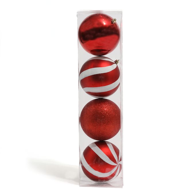 Festive Feeling Christmas Baubles (4 Pack) Red/White, 4 Pack