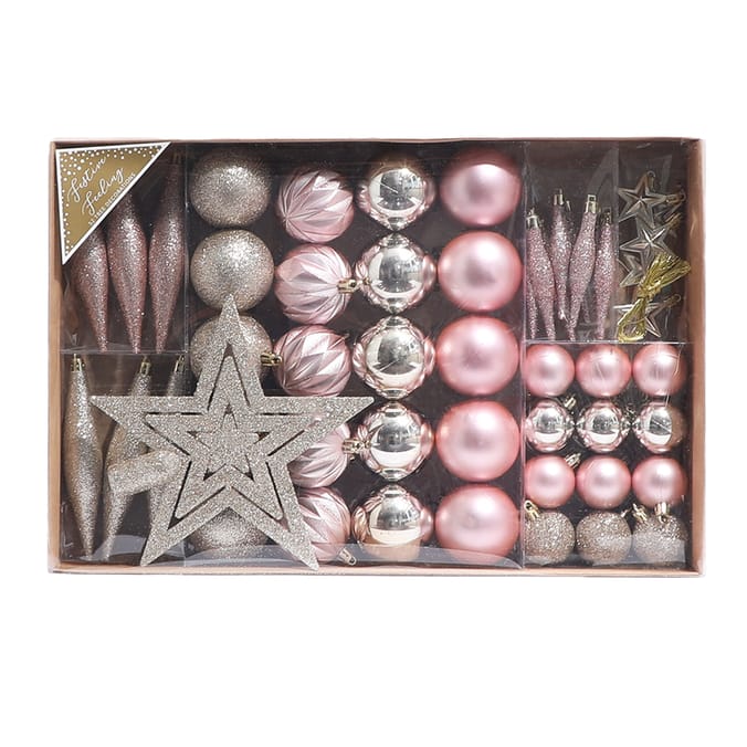 Festive Feeling 52 Assorted Tree Decorations & Topper Gold/Pink