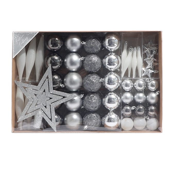 Festive Feeling 52 Assorted Tree Decorations & Topper Silver, bauble, baubles, decoration