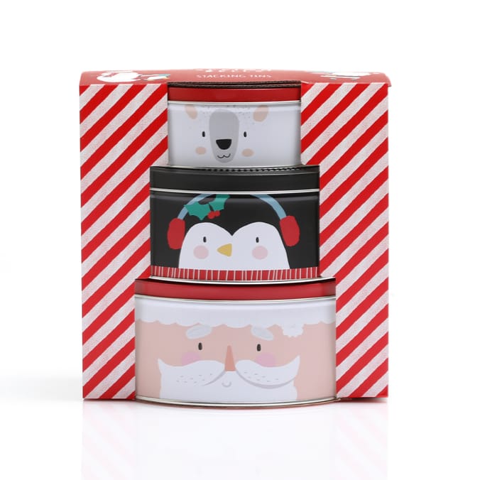 Sleigh Bells Stacking Tins tins kitchen stirage Christmas xmas Santa penguin bear decor biscuit tin home decor decoration Sleight Bells 13402 22935 10134023 Home Bargains