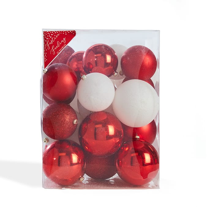 Festive Feeling 25 Large Assorted Baubles Red/White Home Bargains