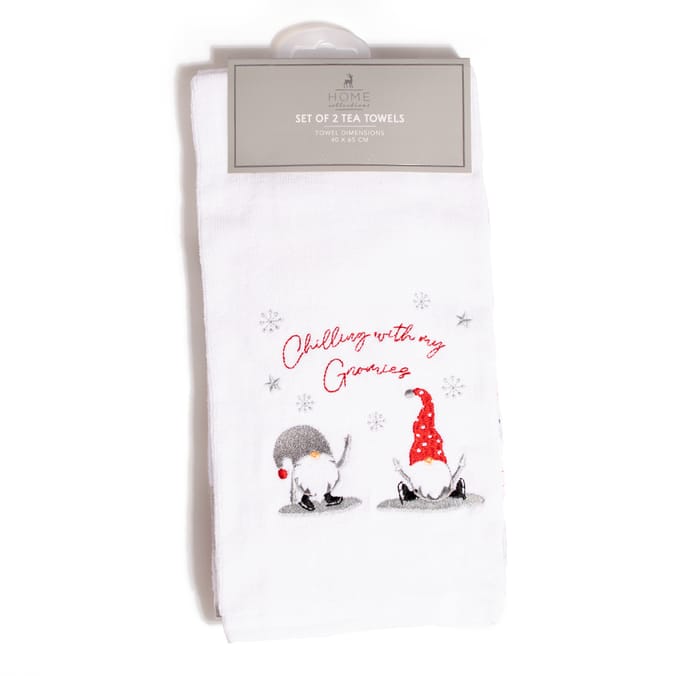 Set of 2 Same Printed Thin Kitchen Towels(15x25)CHRISTMAS,HOME SWEET  GNOMES,HC