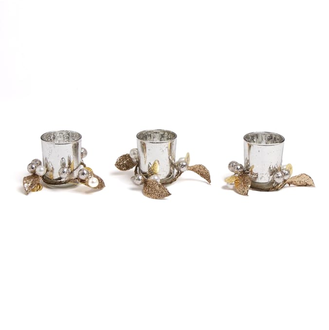 Festive Feeling 3 Tealight Holders Gold, candle, decorations, Christmas, holiday Home Bargains