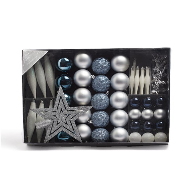 Festive Feeling 52 Assorted Tree Decorations & Topper Blue/Silver
