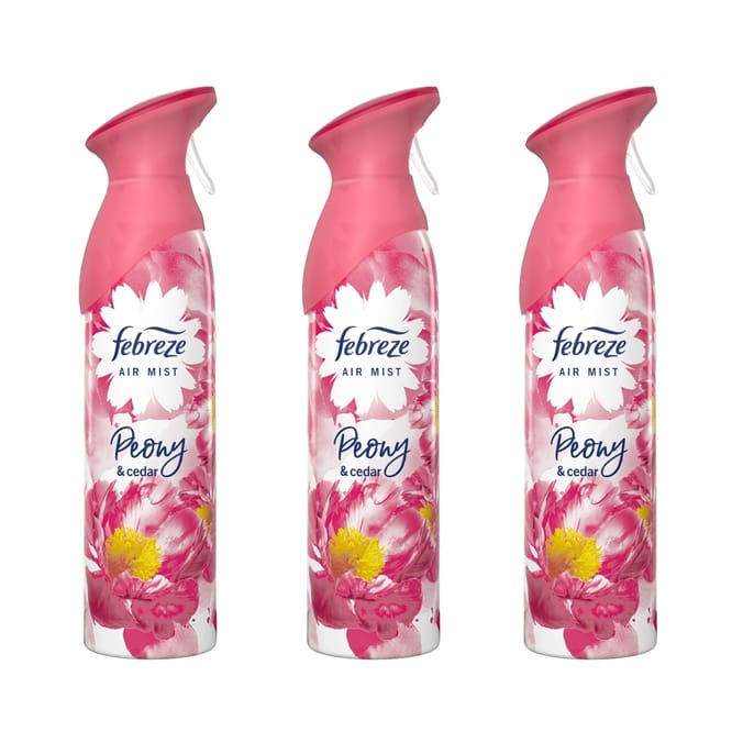 Febreze Air Freshener Aerosol Spray Peony & Cedar (3 x 300ml), Eliminates Odours Light Fresh