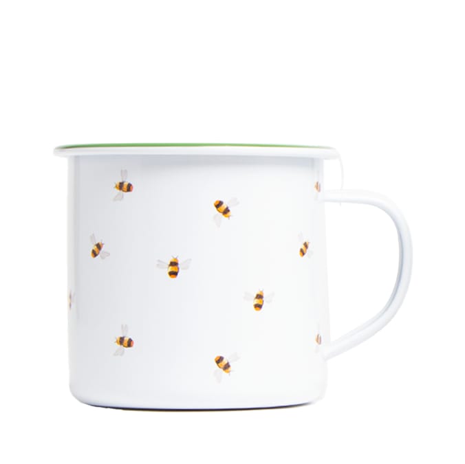 Botanical Discovery Enamel Bee Print Mugs White, garden, gardens