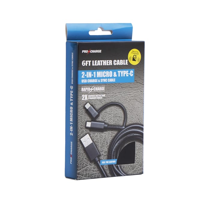 Pro Charge 6ft Leather Charge Cable 2in1 Micro USB & USB TypeC
